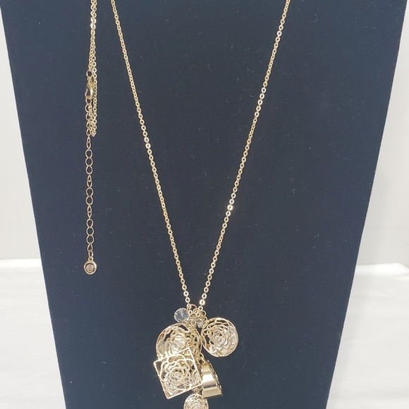 C1946 Long Gold Tone Cluster Charm Necklace - Picture 6 of 12